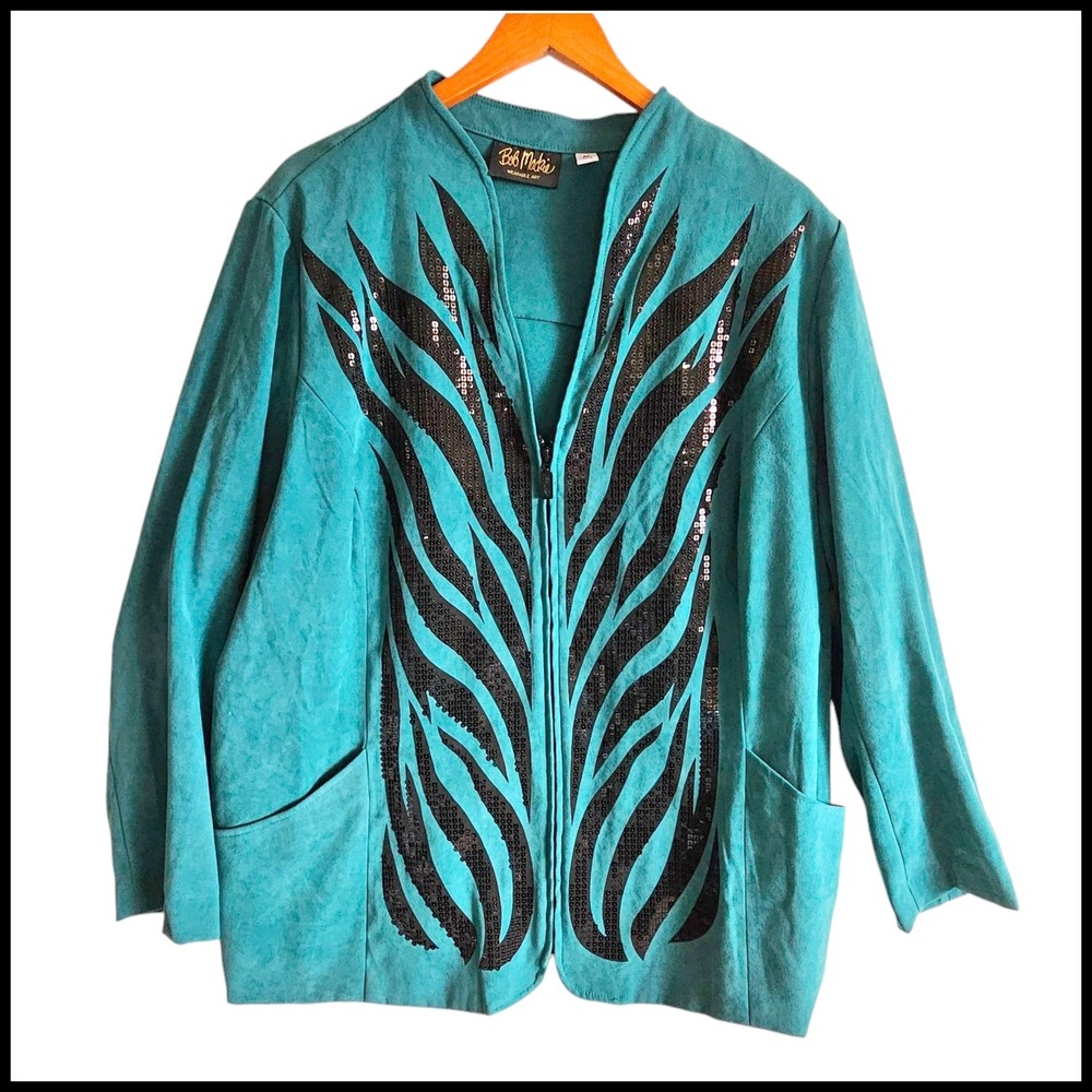 Bob Mackie Wearable‎ Art Sequin Jacket Teal Blue Green 2X Plus Size